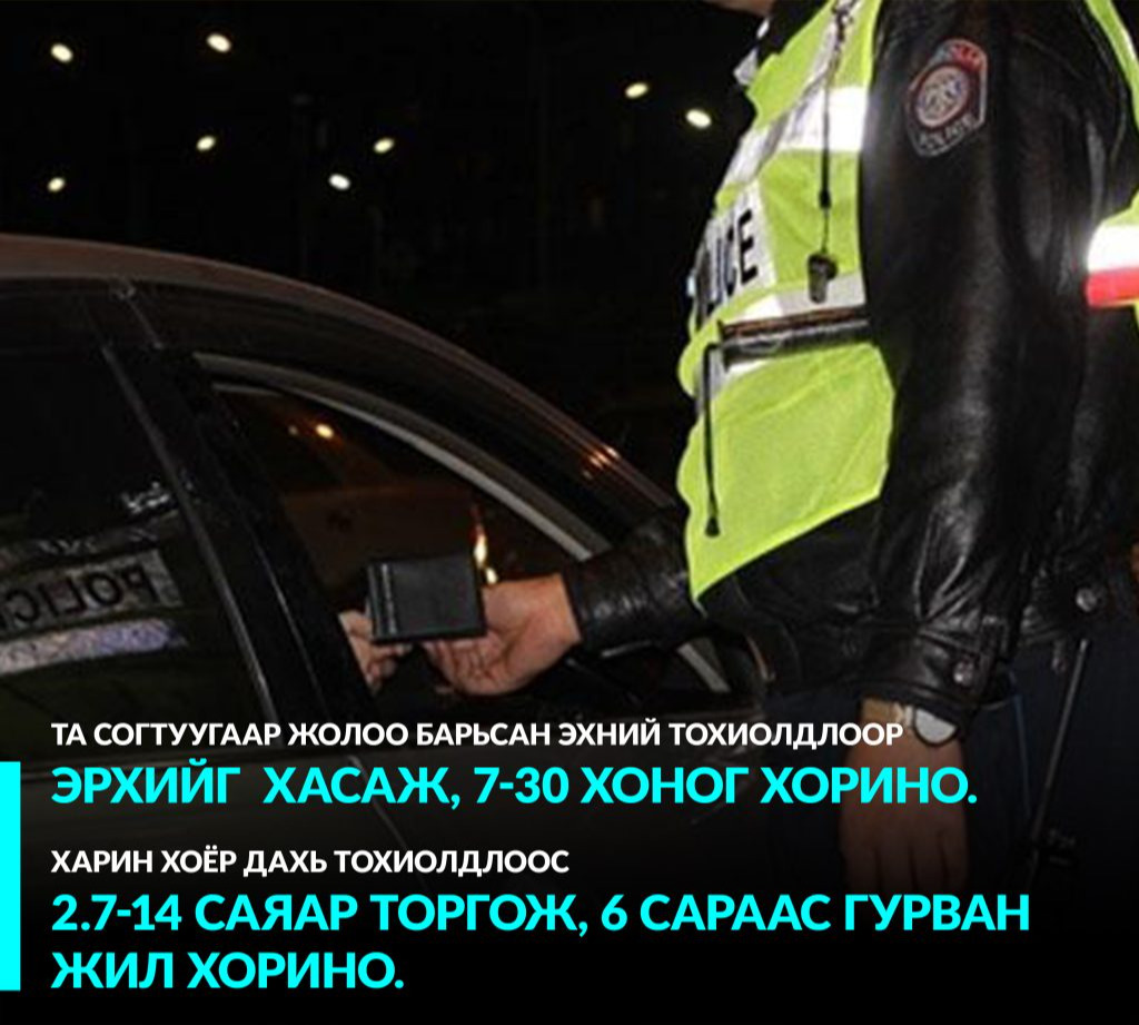 Хууль: Согтуугаар дахин жолоо барьсан бол 2,7-14 саяар торгох эсвэл 6 сараас 3 жил хорино